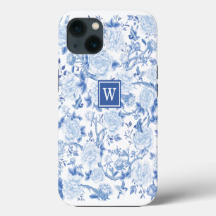 Blue White Chinoiserie Bird Peony Garden Monogram iPhone 13 Case