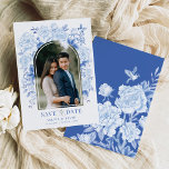 Blue White Chinoiserie Bird Peony Save the Date Invitation<br><div class="desc">This chinoiserie-inspired design features elegant botanical florals and greenery in delft blue and white. Personalise the invite with your details and if you want to further re-arrange the style and placement of the text,  please press the "Click to customise further" button.</div>
