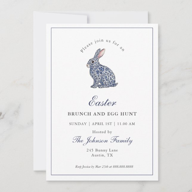 Blue & White Chinoiserie Bunny Easter Brunch  Invitation (Front)