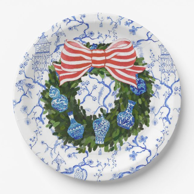Blue & White Chinoiserie Christmas Wreath  Paper Plate (Front)