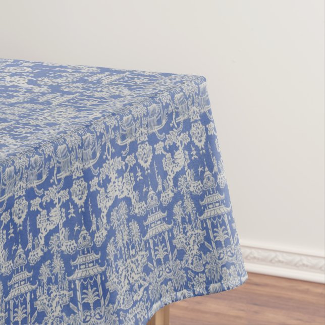 Blue White Chinoiserie Cotton Dining Tablecloth (In Situ)