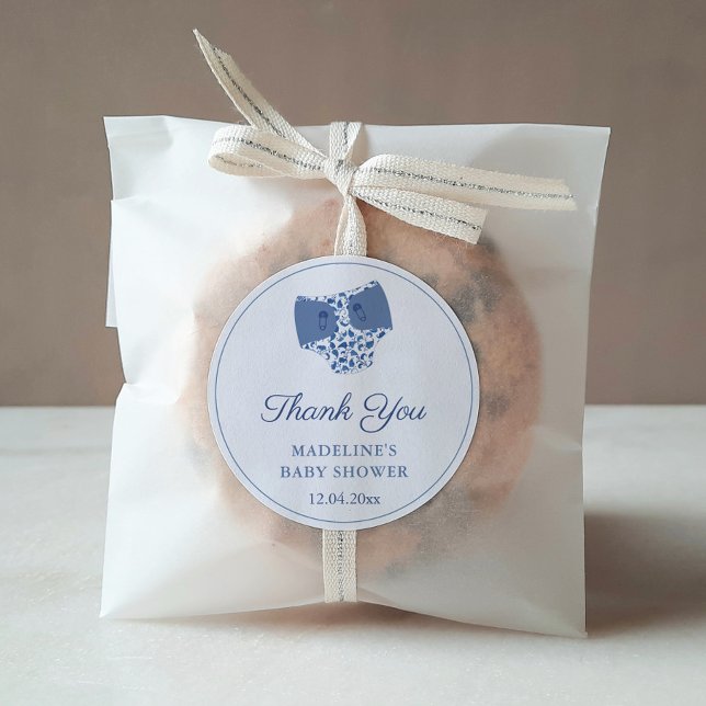 Blue White Chinoiserie Diaper Baby Shower Favour Classic Round Sticker (Classic Blue And White Chinoiserie Pattern Diaper Shape Baby Shower Favor Sticker)