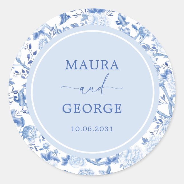 Blue White Chinoiserie Floral Coastal Wedding Classic Round Sticker (Front)