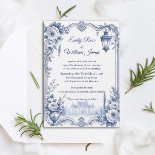 Blue White Chinoiserie Floral Estate Wedding Invitation