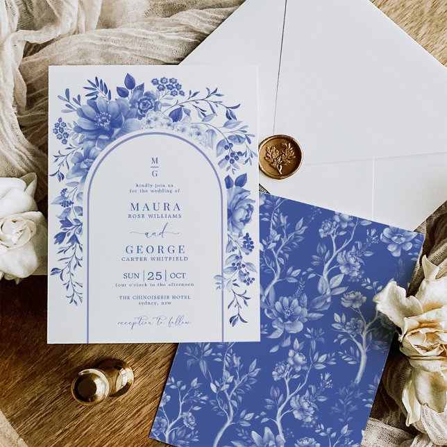 Blue White Chinoiserie Floral Garden Wedding Invitation (Creator Uploaded)