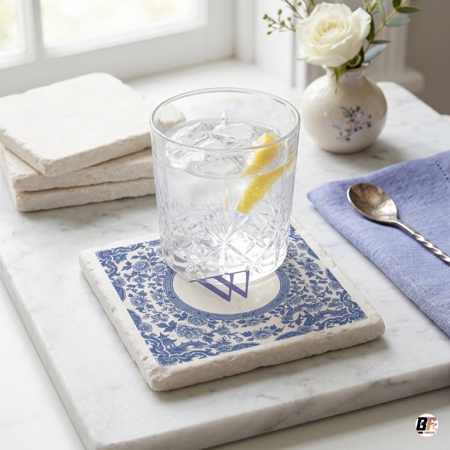 Blue & White Chinoiserie Floral Monogram Stone Coaster (#mother'sday)