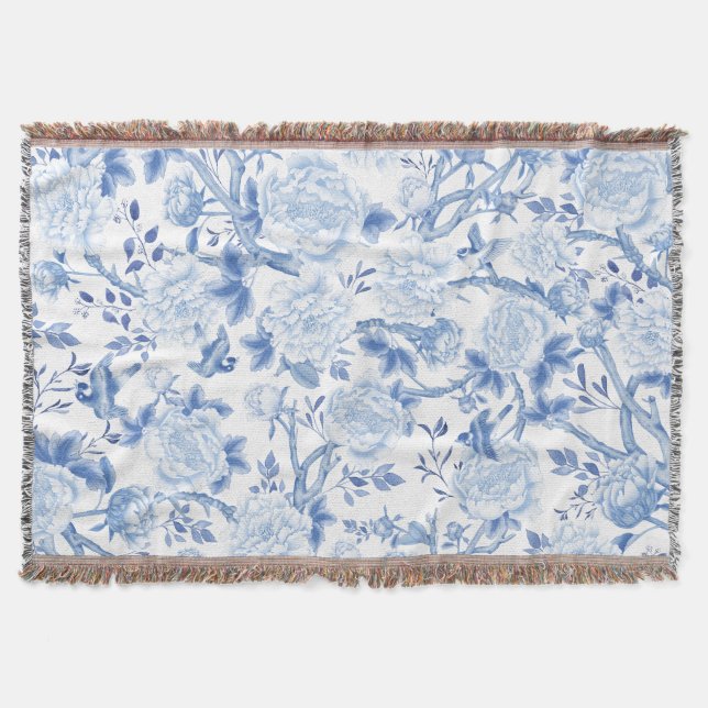 Blue White Chinoiserie Floral Peony Birds Pattern Throw Blanket (Front)