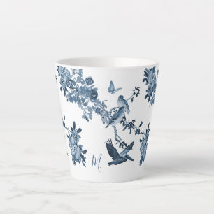 Blue White Chinoiserie Floral Stylish Monogram Latte Mug