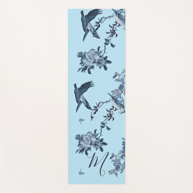 Blue White Chinoiserie Floral Stylish Monogram Yoga Mat (Front)