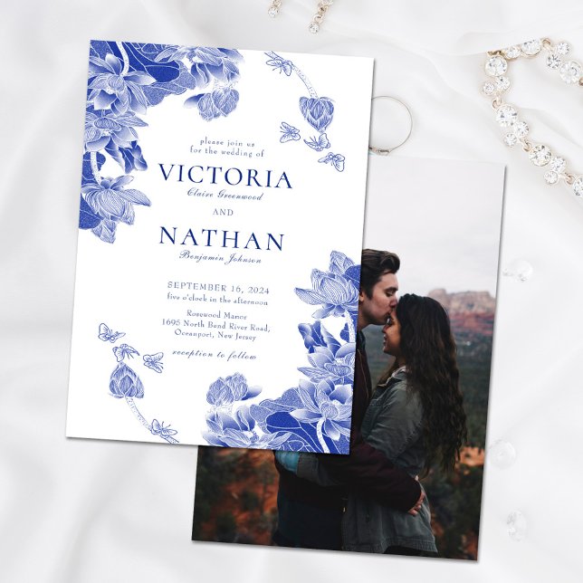 Blue White Chinoiserie Floral with Photo Wedding Invitation (Creator Uploaded)