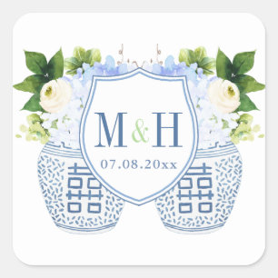 Blue & White Chinoiserie Initials And Date Wedding Square Sticker