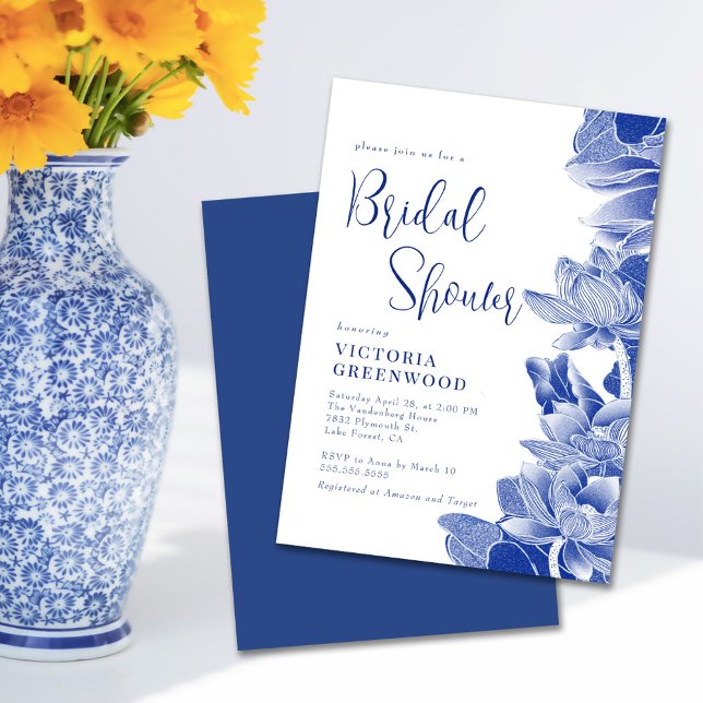 Blue White Chinoiserie Lotus Floral Bridal Shower Invitation (Creator Uploaded)