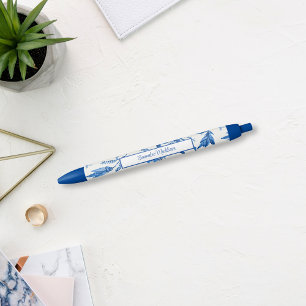 Blue White Chinoiserie Monogram Floral Vine Blue Ink Pen