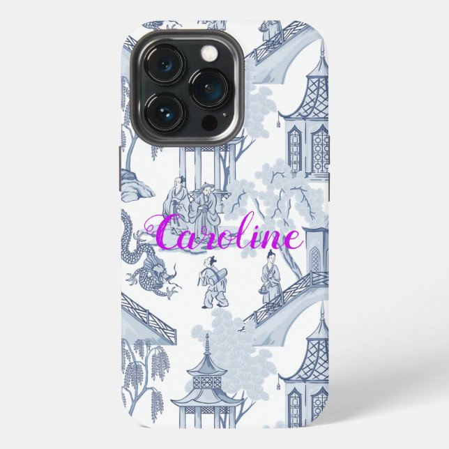 Blue & White Chinoiserie Pattern with Monogram iPhone Case (Back)