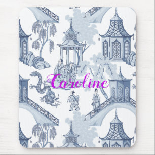 Blue & White Chinoiserie Pattern with Monogram   Mouse Pad