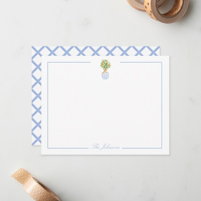 Blue White Chinoiserie Personalised Stationery Card (Front/Back In Situ)