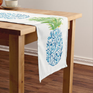 Blue & White Chinoiserie Pineapple Preppy Coastal Short Table Runner