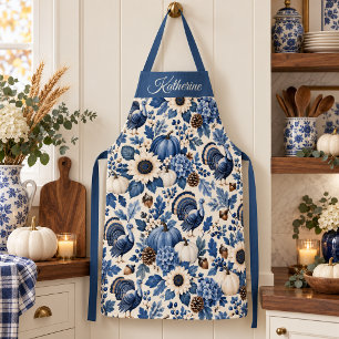 Blue White Chinoiserie Thanksgiving Turkey Floral Apron