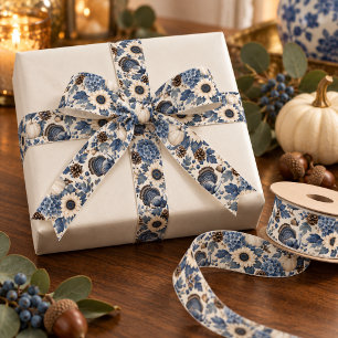 Blue White Chinoiserie Thanksgiving Turkey Floral Satin Ribbon