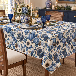 Blue White Chinoiserie Thanksgiving Turkey Floral Tablecloth