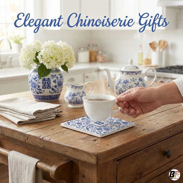 Blue & White Chinoiserie Toile Monogram B Bird Flo Stone Coaster (Creator Uploaded)