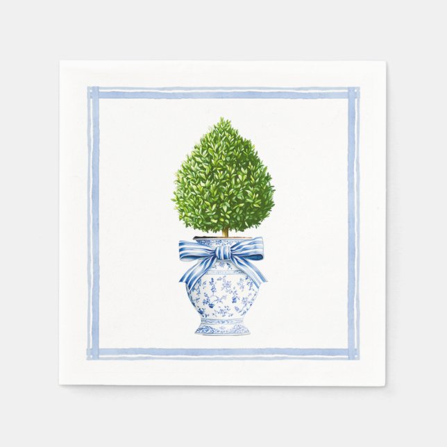 Blue & White Chinoiserie Topiary Napkin (Front)