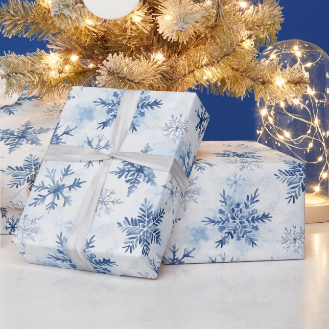 Blue White Christmas Pine Trees Snowflakes Wrapping Paper (Holidays)