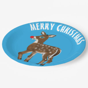 Blue White Christmas Reindeer Paper Plate