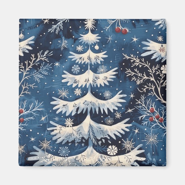 Blue White Christmas Tree Holiday Magnet (Front)