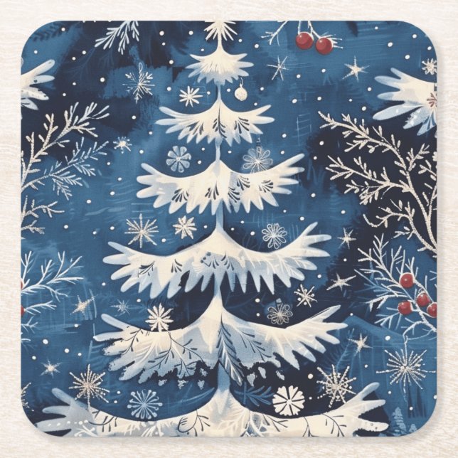 Blue White Christmas Tree Holiday Paper Coaster (Front)