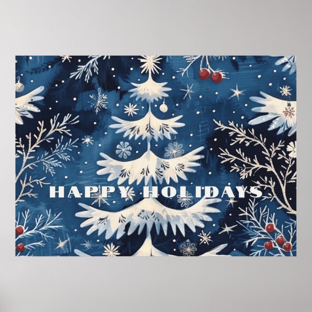 Blue White Christmas Tree Holiday Poster (Front)
