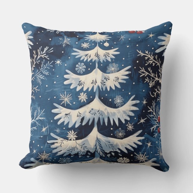 Blue White Christmas Tree Holiday Throw Pillow (Front)