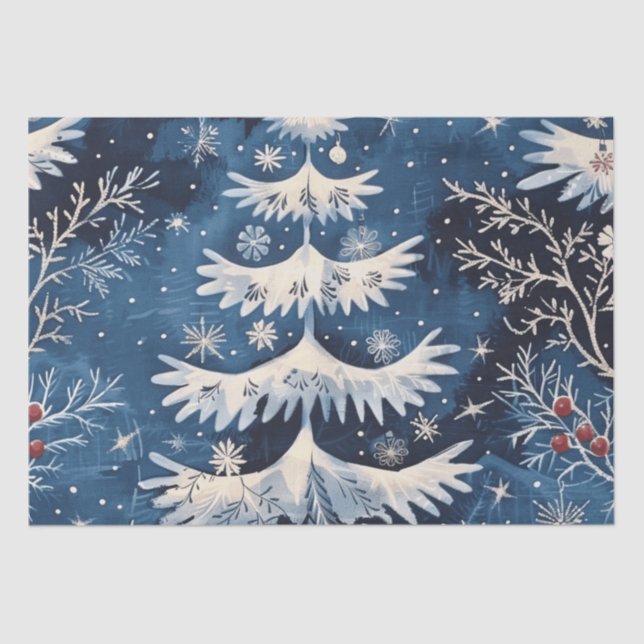 Blue White Christmas Tree Holiday Tissue Paper (Front)