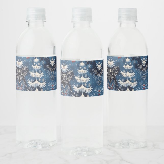 Blue White Christmas Tree Holiday Water Bottle Label (Bottles)