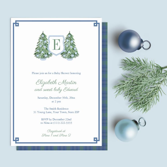 Blue White Christmas Tree Monogram Baby Shower Invitation (Preppy Blue And Green Christmas Baby Shower invitation with fir trees, blue white baubles & tartan)