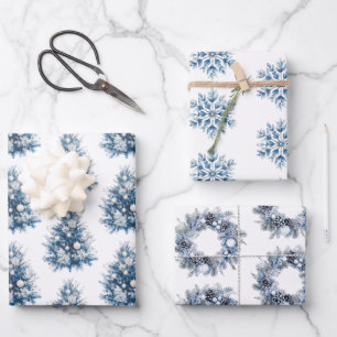 Blue White Christmas Tree Wrapping Paper Sheet