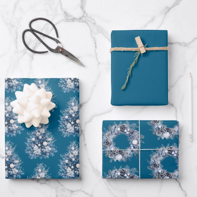 Blue White Christmas Tree Wrapping Paper Sheet (Front)