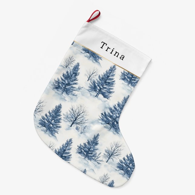 Blue White Christmas Trees Large Christmas Stocking (Front (Hanging))