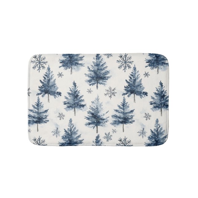 Blue White Christmas Trees Snowflakes Bath Mat (Front)