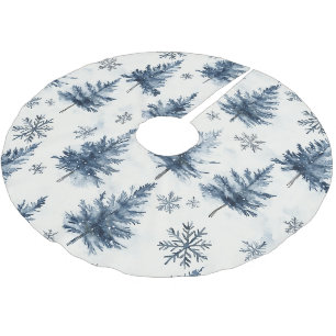 Blue White Christmas Trees Snowflakes Brushed Polyester Tree Skirt