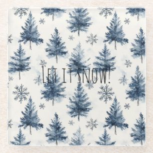 Blue White Christmas Trees Snowflakes Glass Coaster