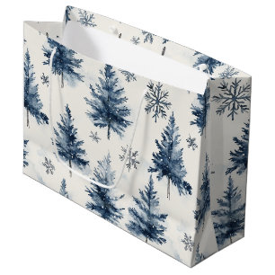 Blue White Christmas Trees Snowflakes Large Gift Bag