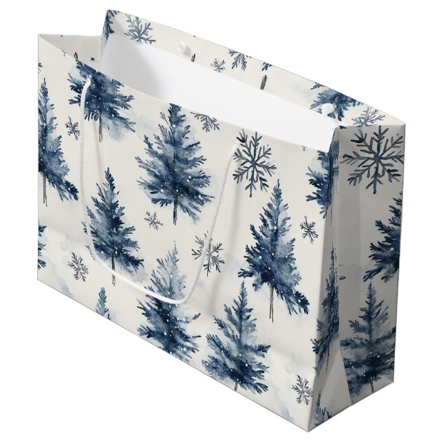 Blue White Christmas Trees Snowflakes	 Large Gift Bag (Front Angled)