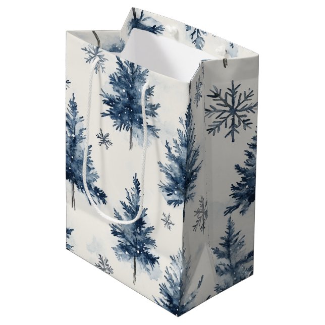 Blue White Christmas Trees Snowflakes	 Medium Gift Bag (Front Angled)