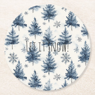 Blue White Christmas Trees Snowflakes Round Paper Coaster