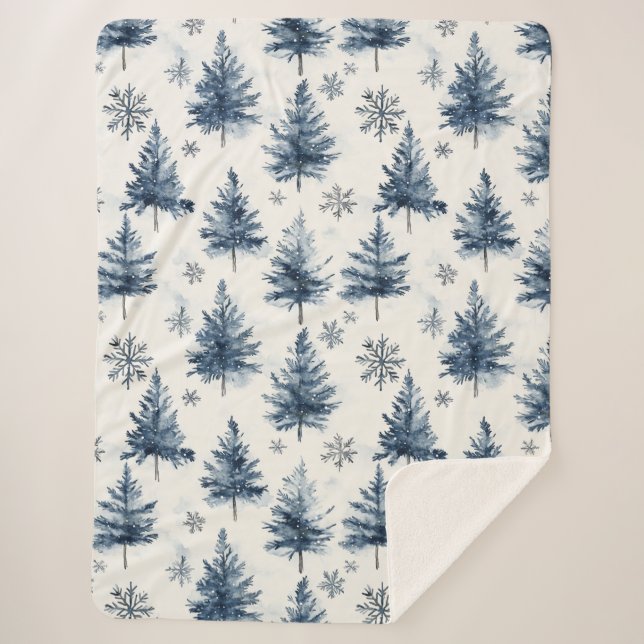 Blue White Christmas Trees Snowflakes Sherpa Blanket (Front)