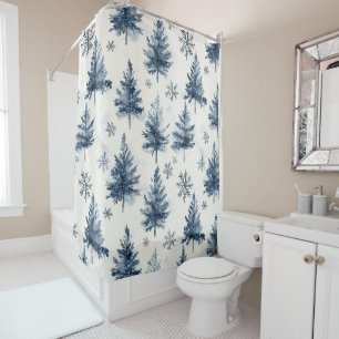 Blue White Christmas Trees Snowflakes Shower Curtain