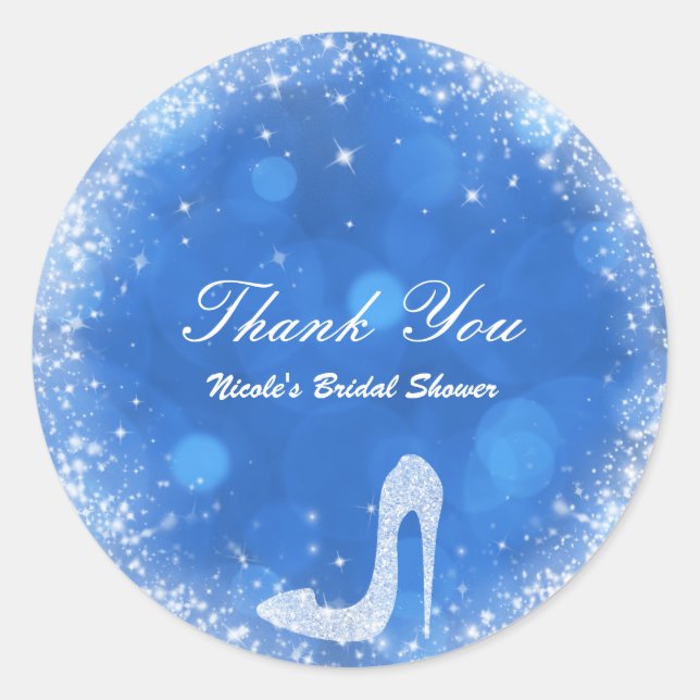 Blue & White Cinderella Sparkle Heels Party Favour Classic Round Sticker (Front)