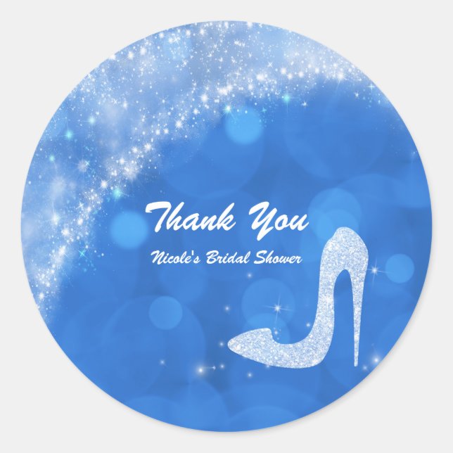 Blue & White Cinderella Sparkle High Heel Party Classic Round Sticker (Front)