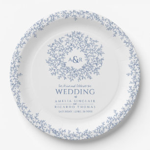 Blue white circle leaf drawing monogram wedding paper plate